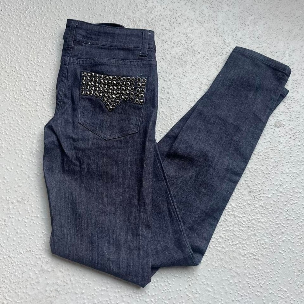 Studded Rhinestone Jeans Dark Wash Denim Pants Women Embellished Pockets